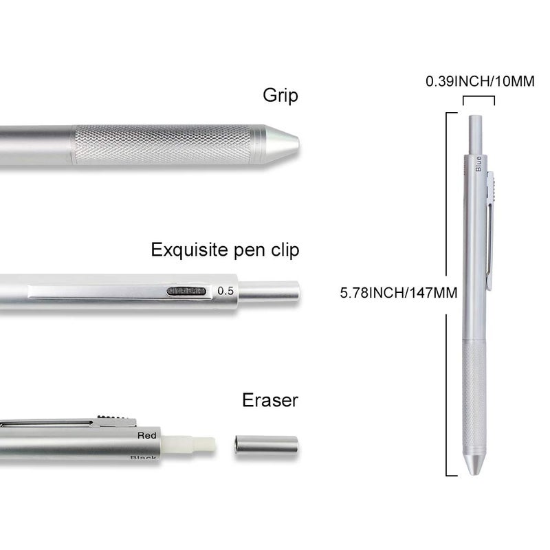 smttw 4 in1 Multi-Function Refillable & Retractable Ballpoint Pen + 0.5mm Mechanical Pencil, Fine Point, Silver Metal Barrel, Black/Red/Blue Inks, Multicolor Pen With Metal Gift Box - Image 2